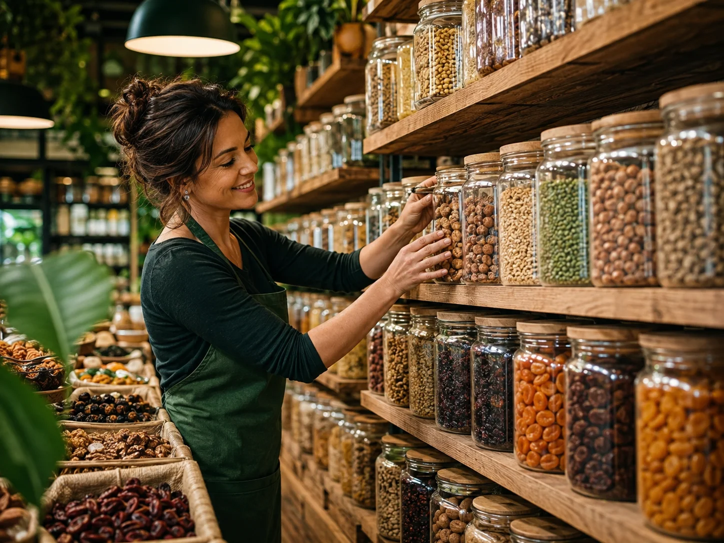 Loja de produtos naturais com potes de vidro, grãos e ambiente moderno